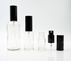 5-100 ml skaidraus stiklo butelis su purkštuvu ir dangteliu